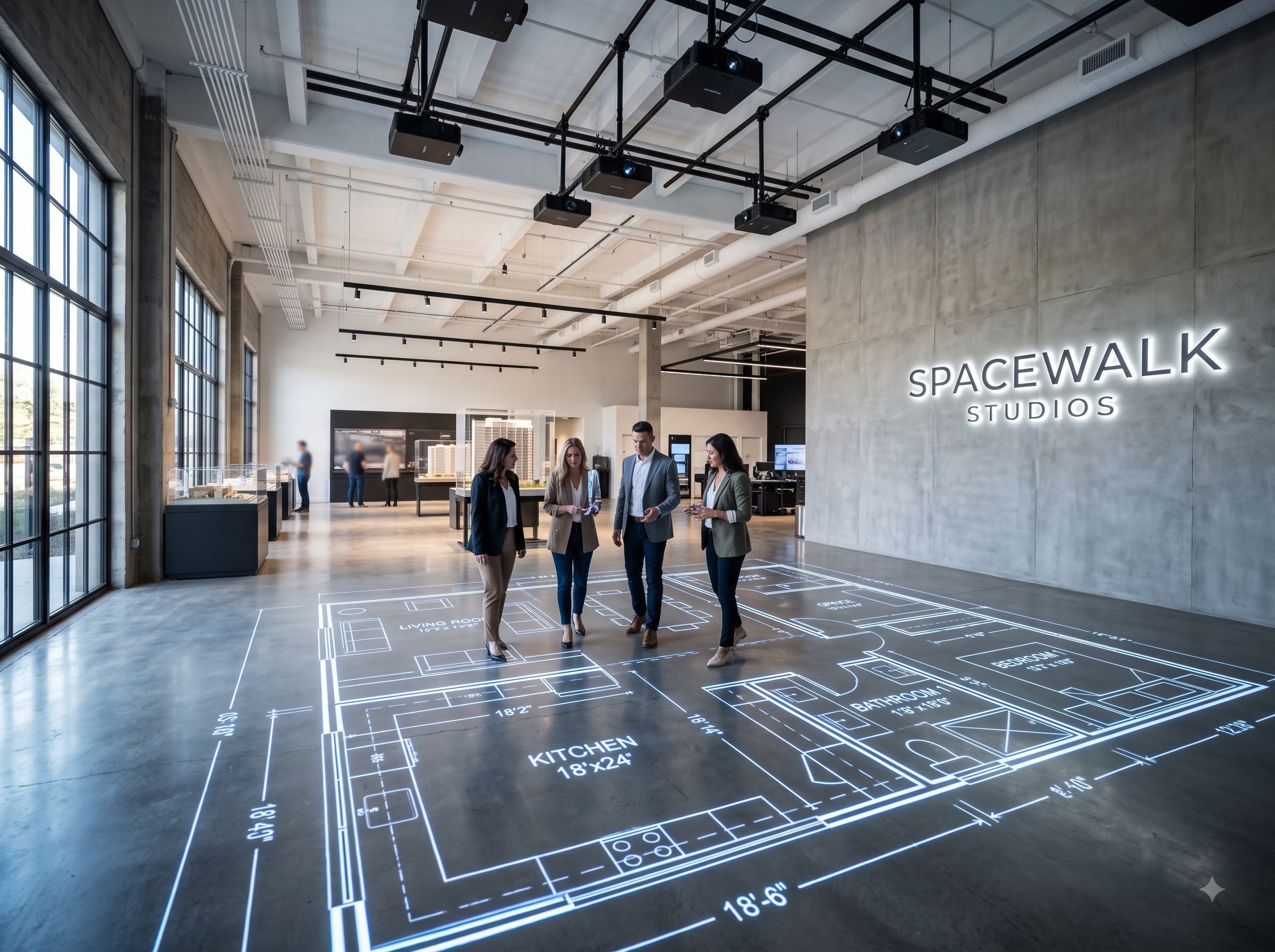 Clients walking on 1:1 life-size floor plan projection studio floor